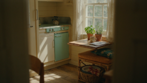 A charming and compact vintage camper kitchen with retro appliances and vibrant decor.
