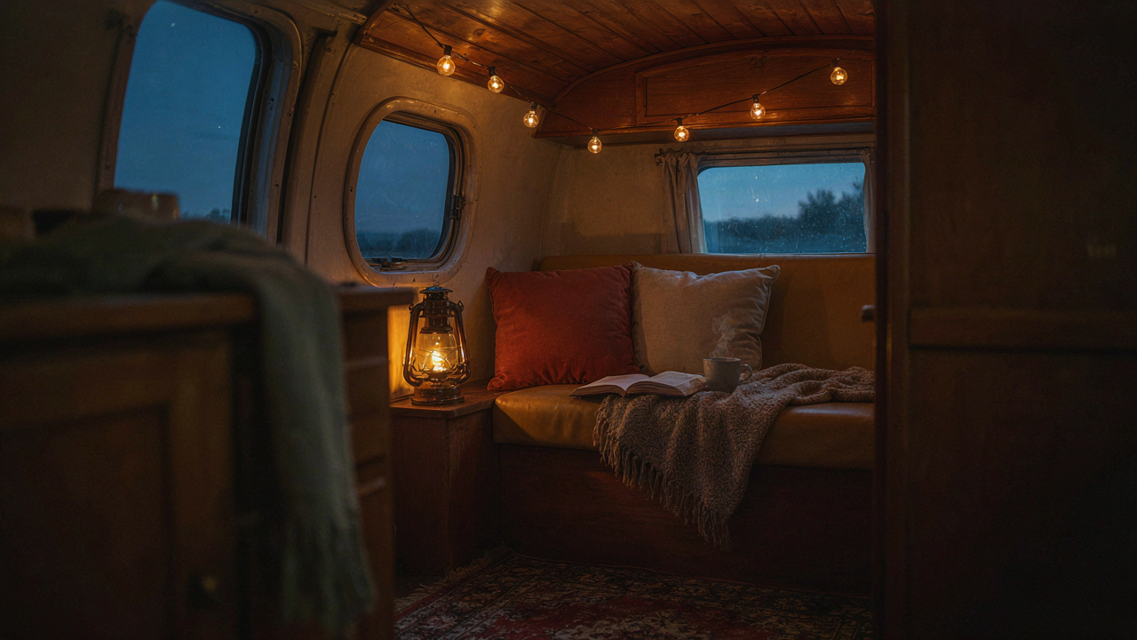 A cozy vintage camper interior at dusk, lit by string lights and a retro lantern.