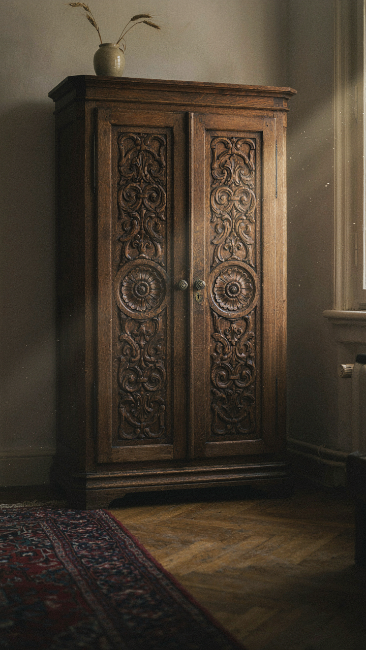 An old wooden cabinet has intricate carved details, showing its original grain.
