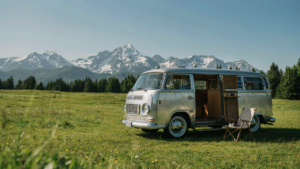 A beautifully restored vintage camper shines in a sunny field with mountains behind it.