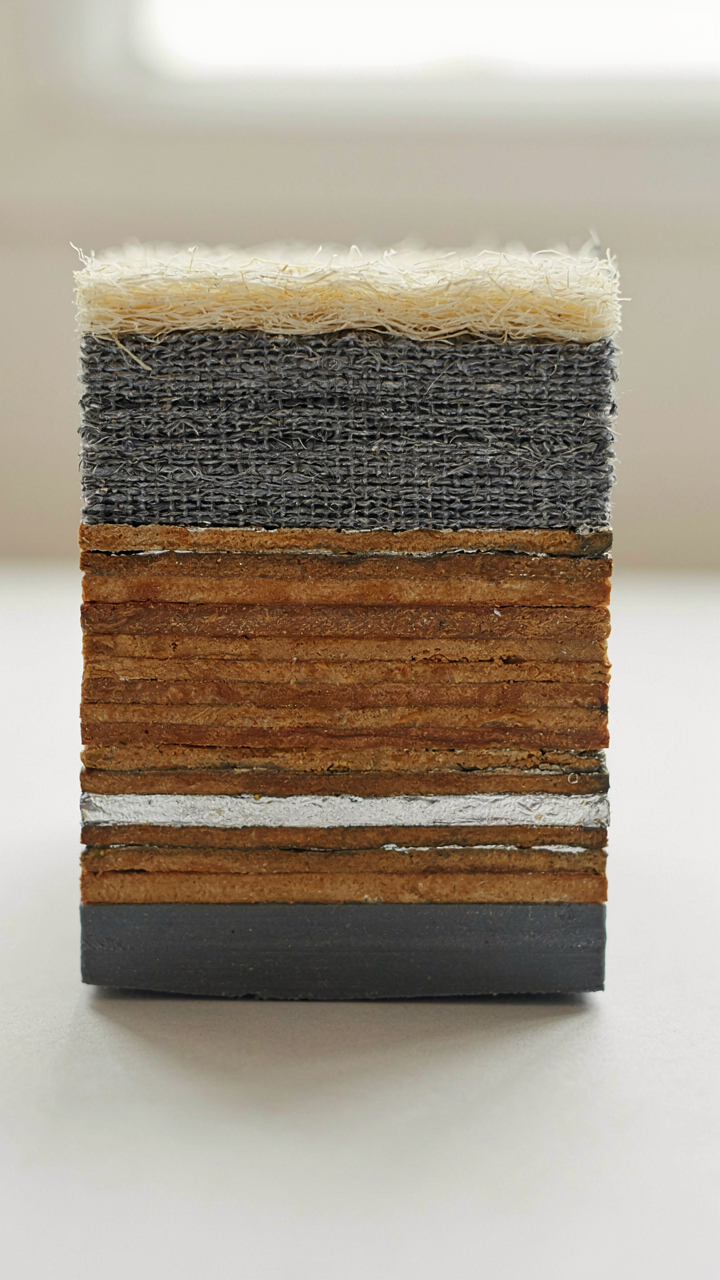 A close up shows the dense layers of a composite material.