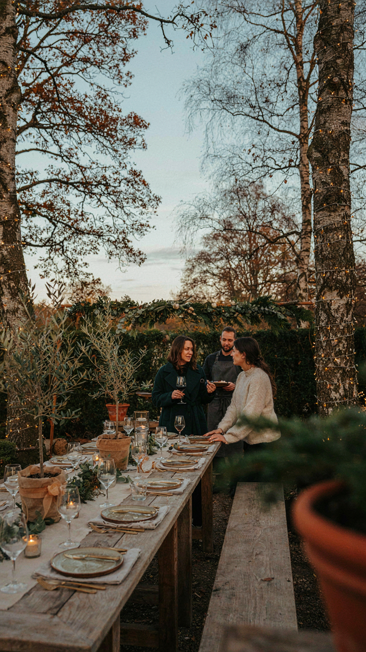 A backyard Christmas party uses existing nature for simple decor.
