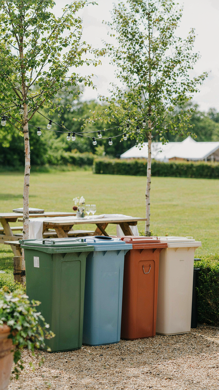 Labeled waste disposal bins for different types of refuse in an outdoor area.
