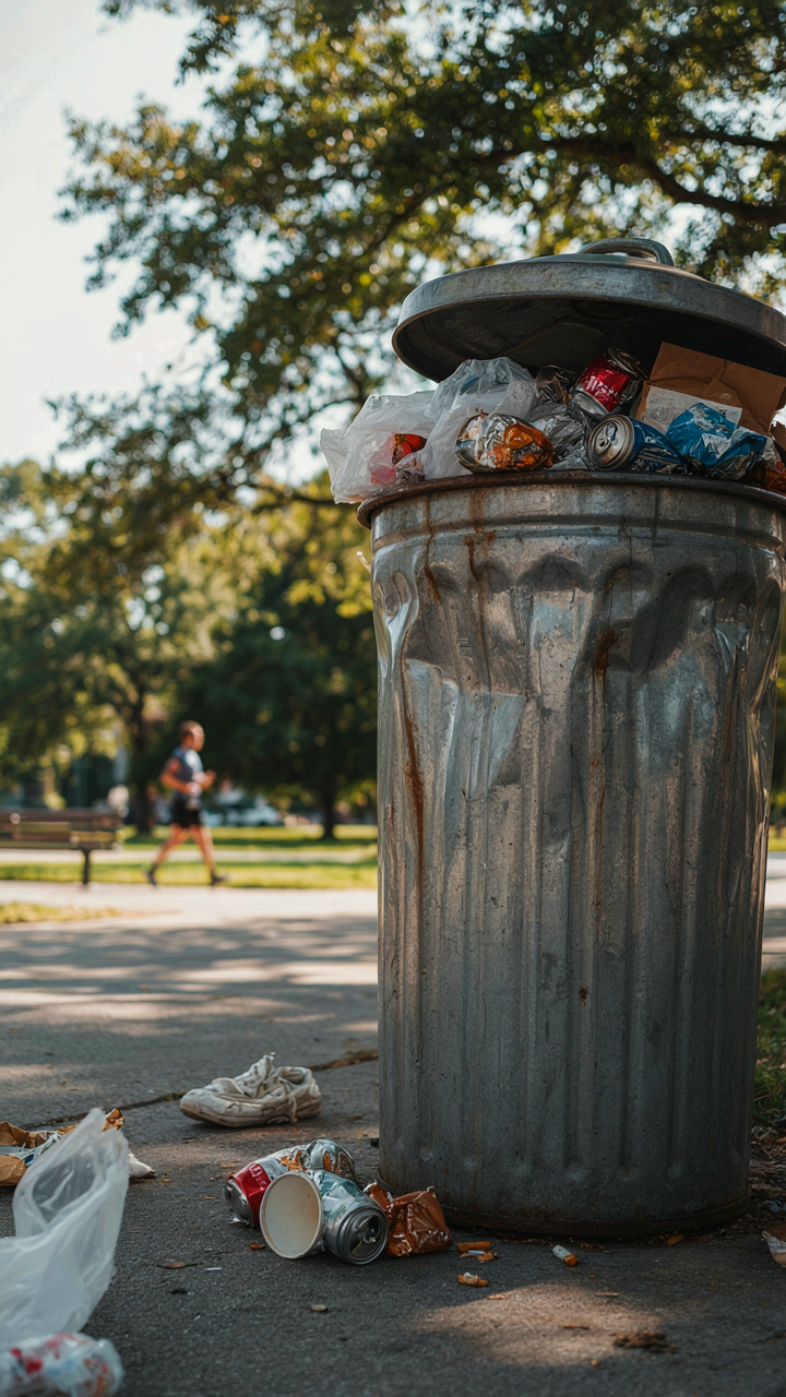 An overflowing public trash bin in a park, with litter on the ground.