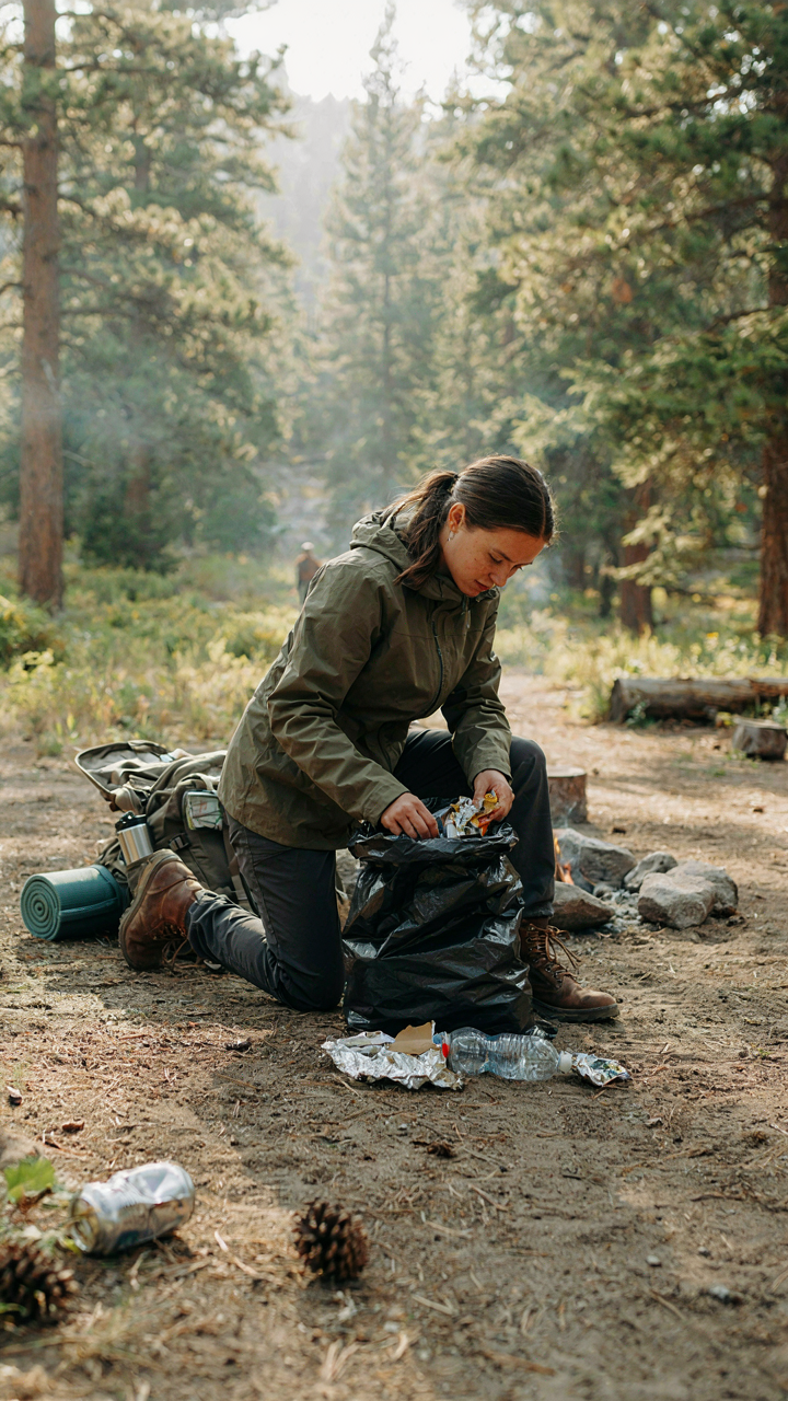 A backpacker packs all trash into a waste bag at a campsite.