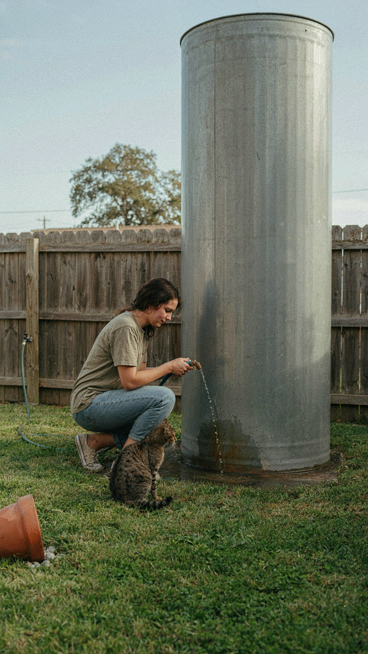 A person tries to fill a large water tank with a small garden hose.