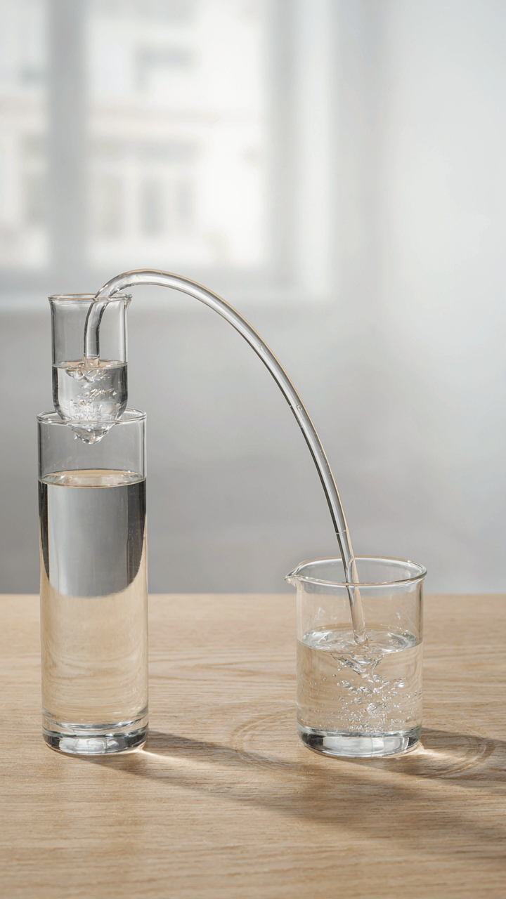 A clear siphon moves water from a high container to a lower one.