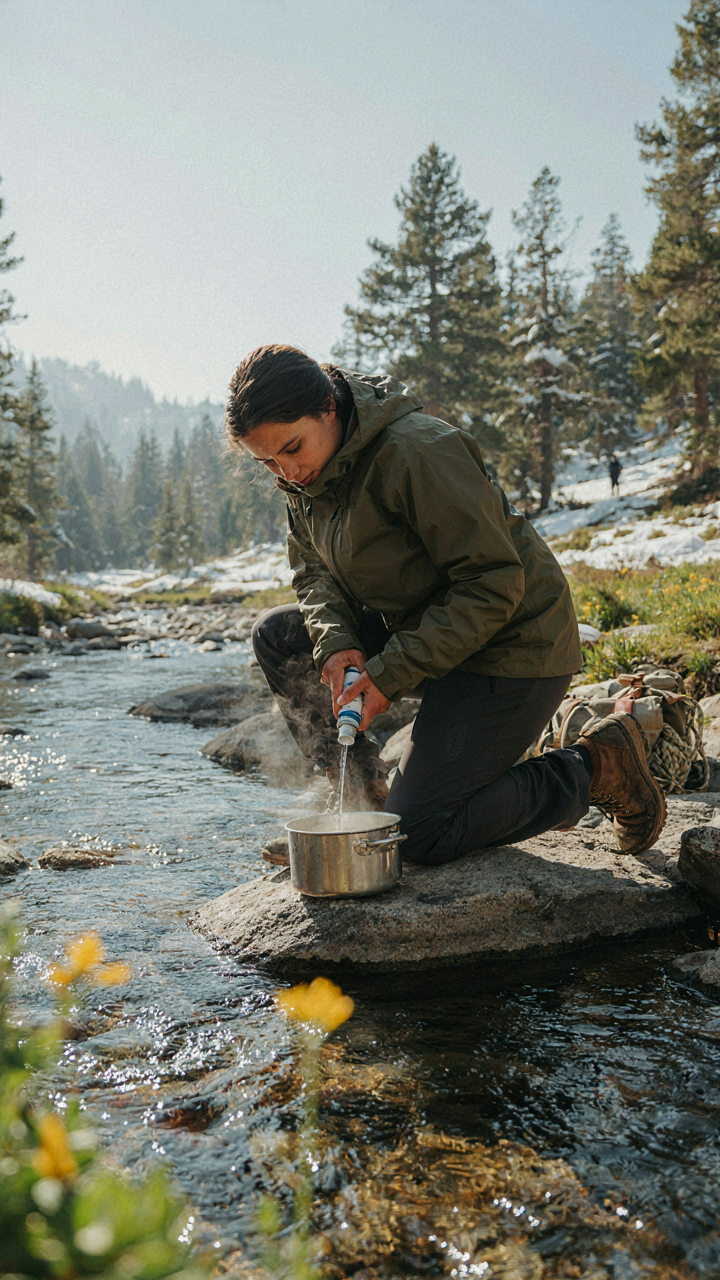 A person filters water from a stream into a cooking pot.