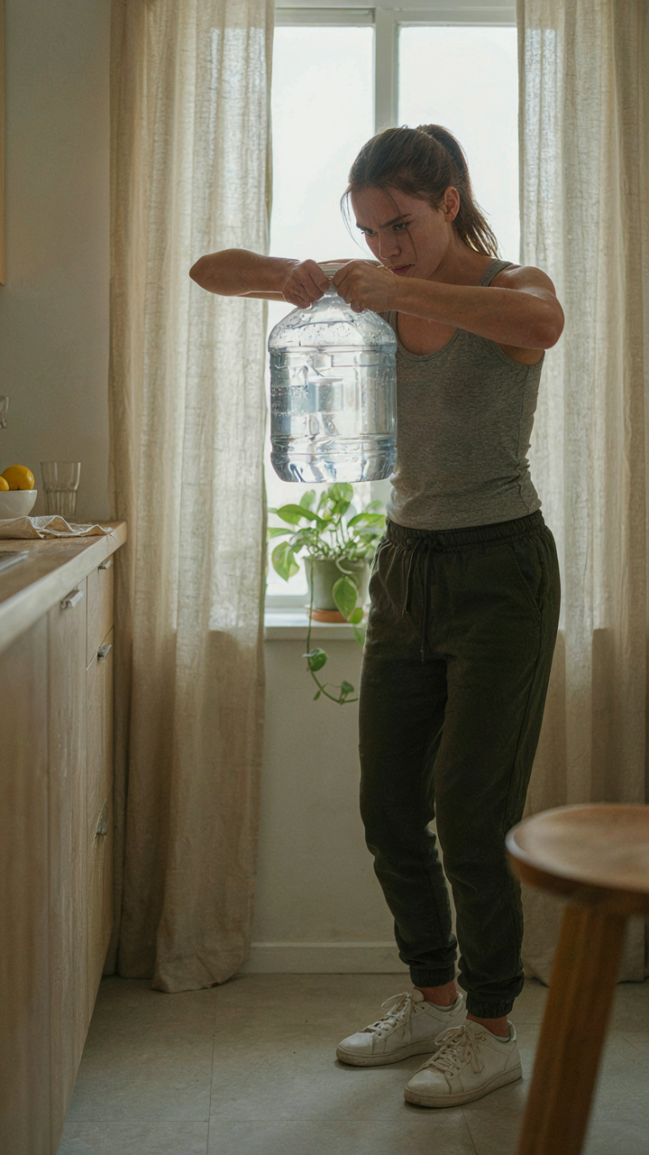 A person struggling to lift a single gallon jug of water, showing its weight.
