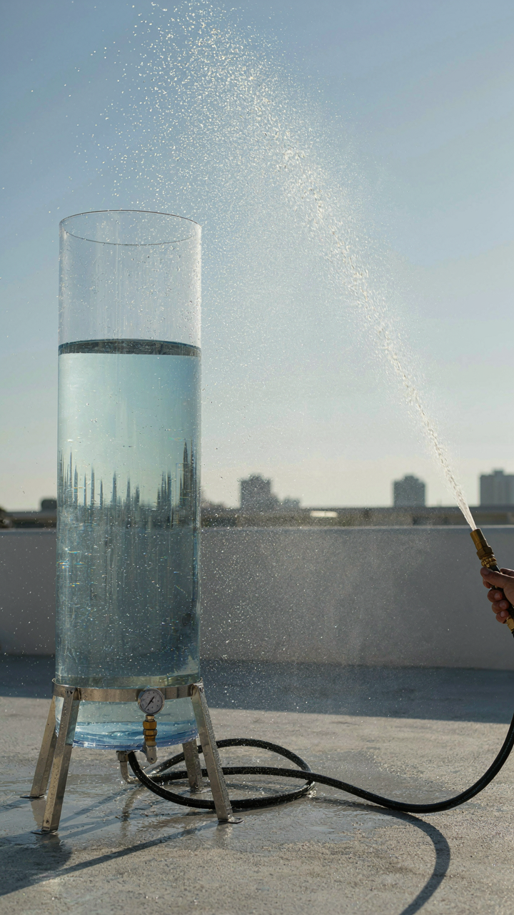 A clear water tank shows the water level and a hose sprays water.