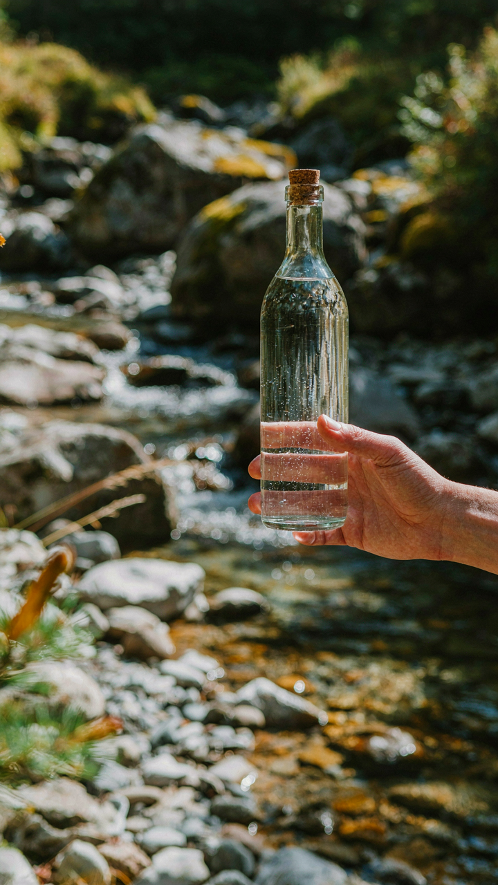 A clear glass bottle holds fresh, clean water from a stream.