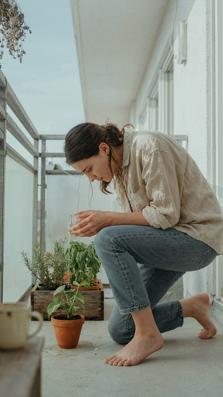 A person carefully waters a small plant using a little bit of water.