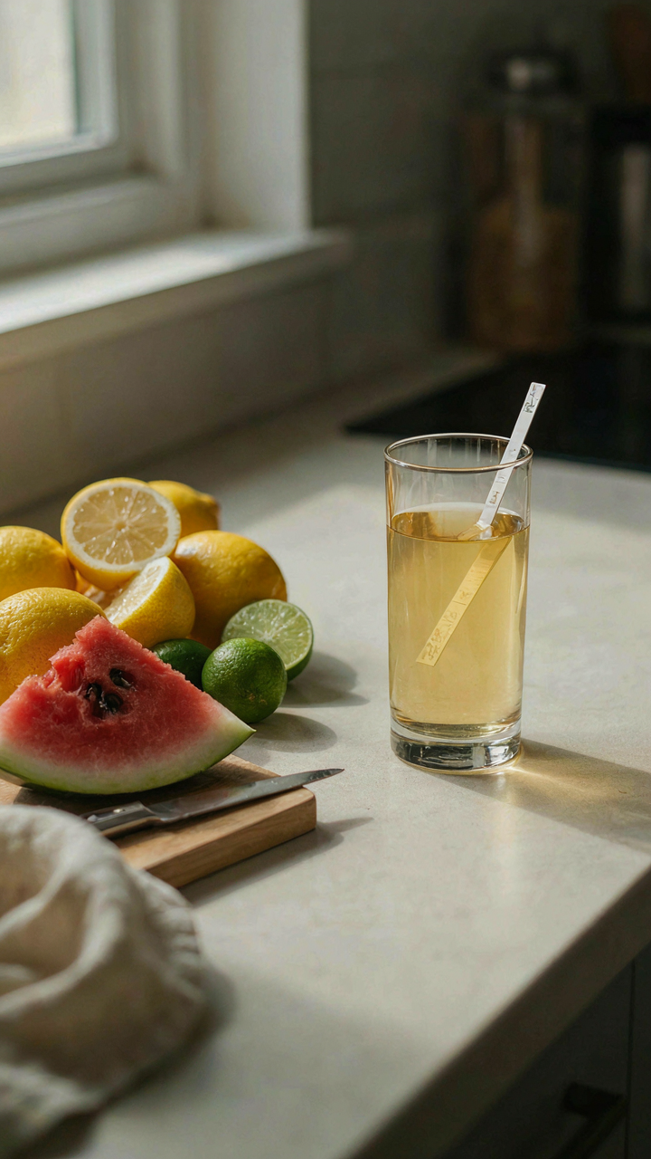 A pH testing strip dips into a glass on a counter with lemons, limes, and watermelon.