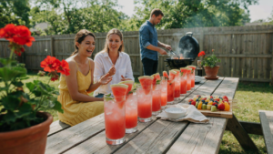 A festive outdoor cookout table with several colorful watermelon mocktails and fresh fruit.