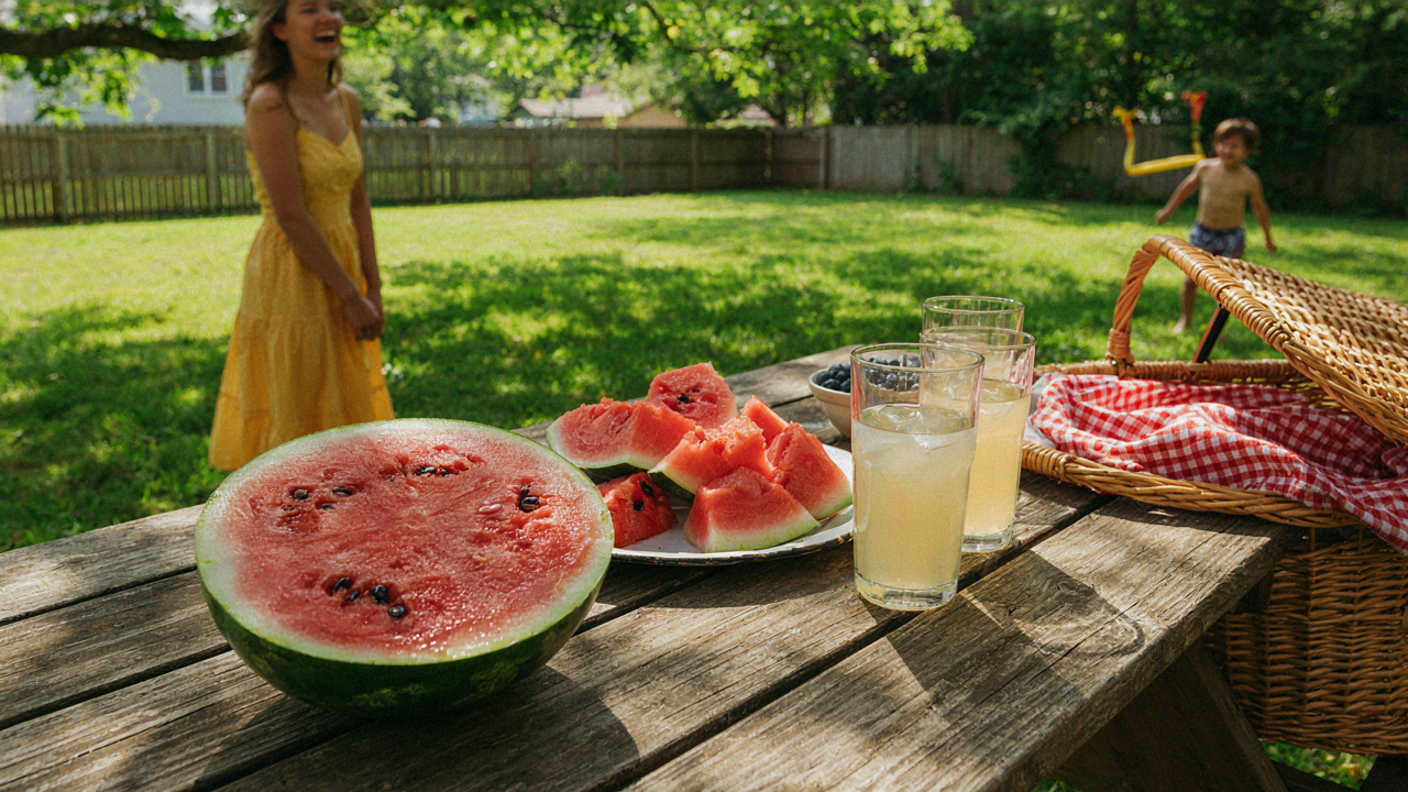 A colorful summer backyard party table with many kinds of watermelon party food.