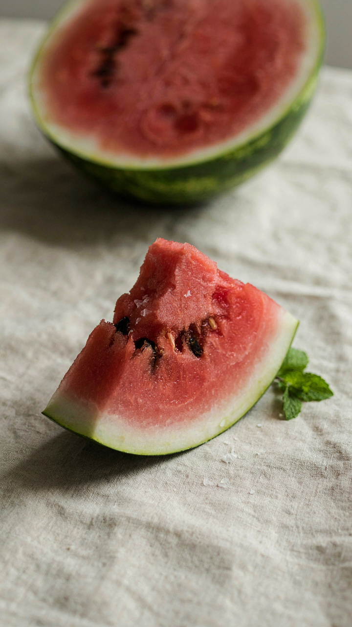A juicy watermelon slice with a light sprinkle of salt.