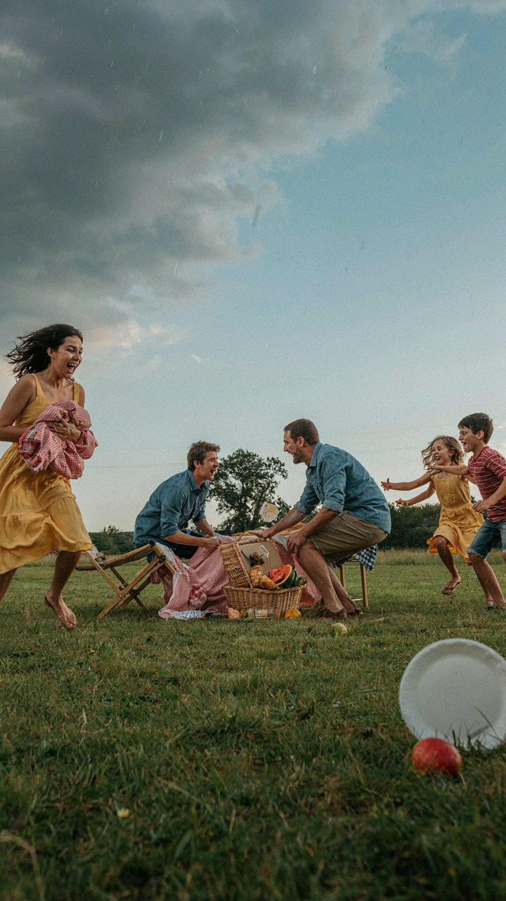 People at a picnic quickly pack up as dark storm clouds gather and rain starts.