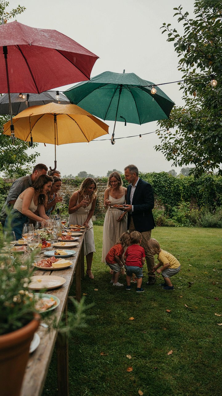 Guests enjoying an outdoor party under umbrellas during light rain.