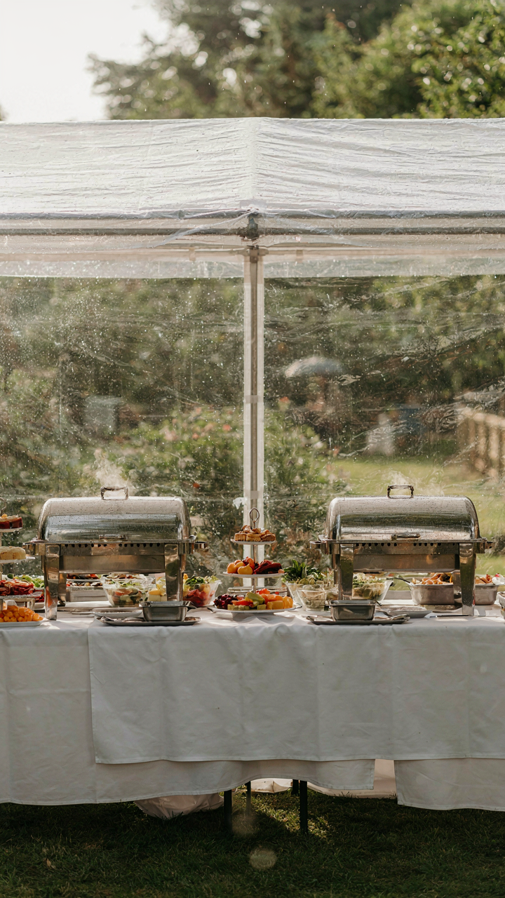 A clear food tent covers an outdoor buffet table during rain.