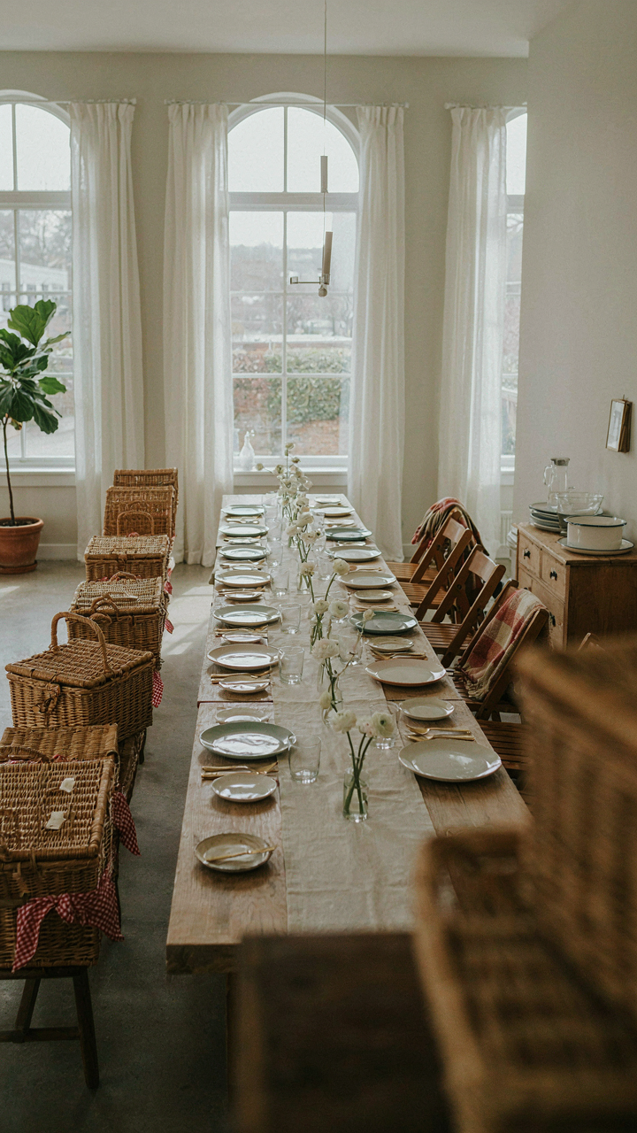 An indoor community hall decorated for a party with picnic baskets.