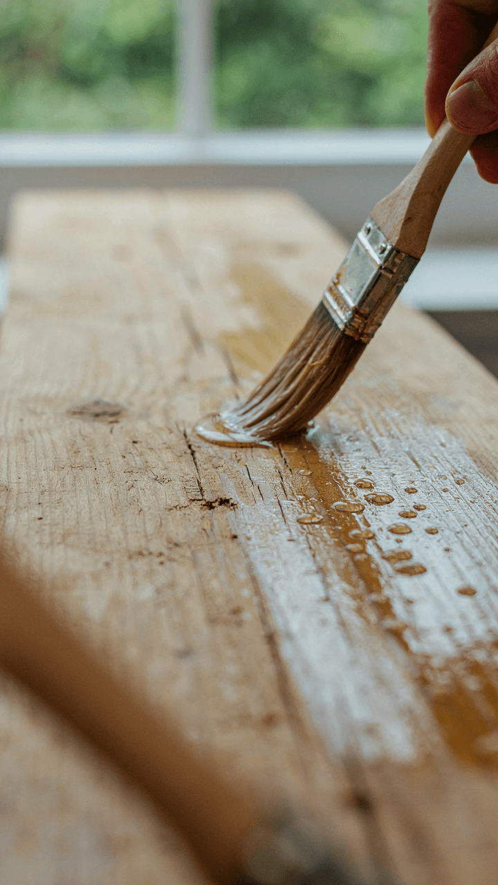 A wooden plank is painted with a weather-resistant sealant.