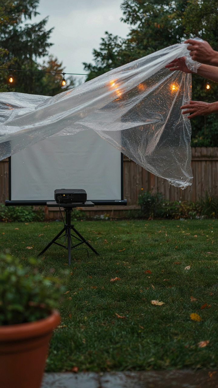 A person quickly covers a projector and screen as rain starts to fall.