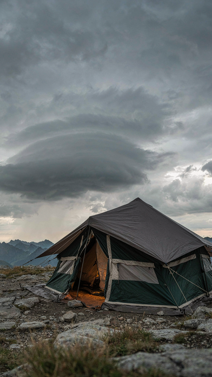 A luxury tent system has multiple layers of protection against a storm.