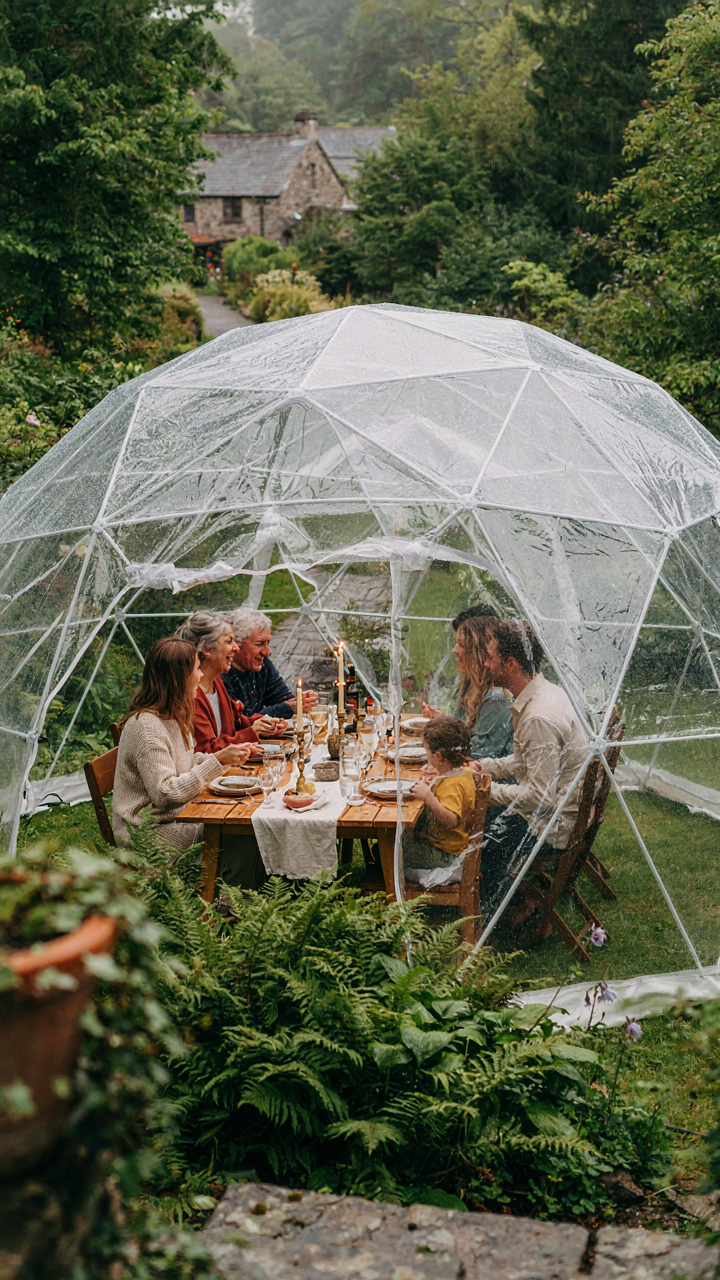A clear dome tent protects an outdoor dining area from gentle rain.