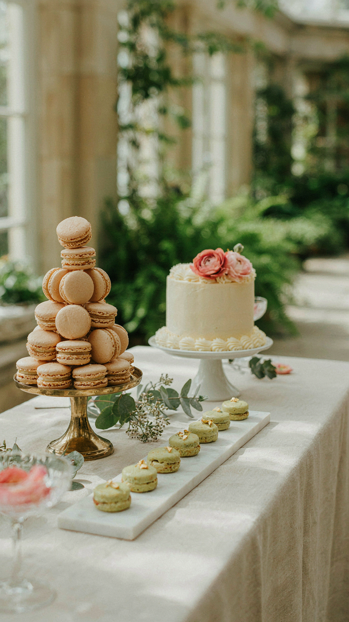 A wedding dessert table with three perfectly coordinated desserts.