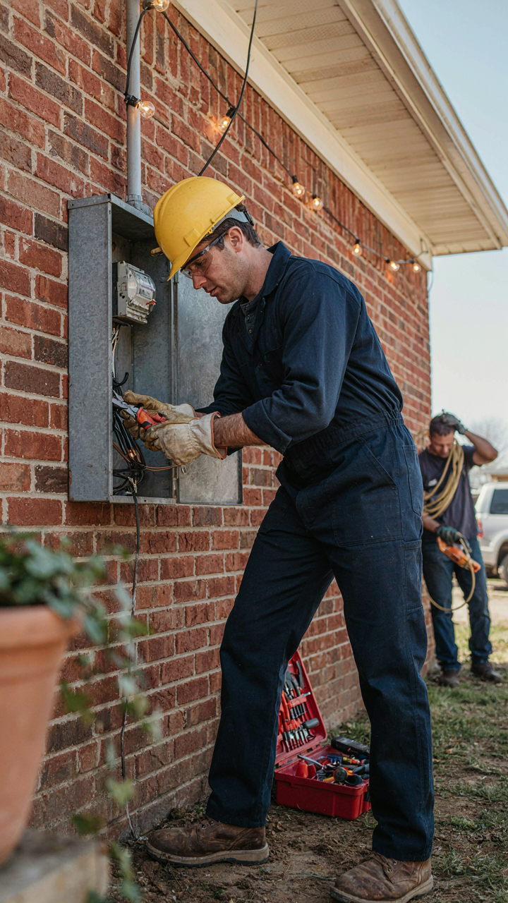 A licensed electrician safely works on an outdoor electrical box.