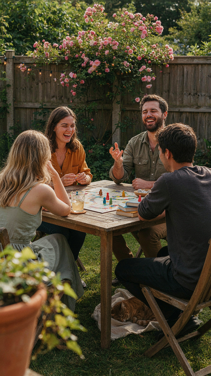 Friends play a lively board game, all focused and laughing at a small garden party.