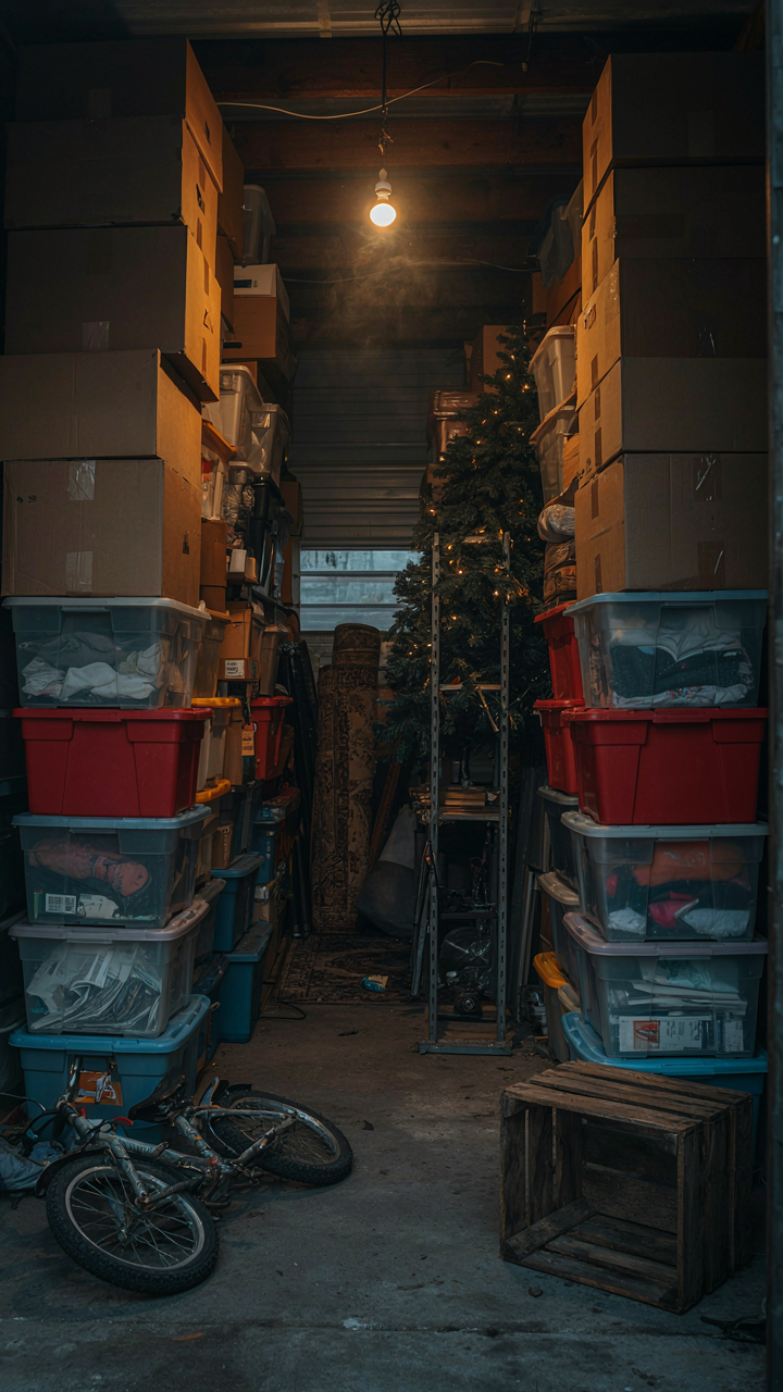 A cluttered storage unit packed with too many bins and boxes.