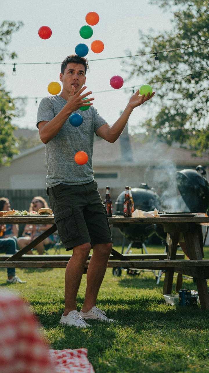 A person juggles many balls with a worried look, a labor day cookout behind them.