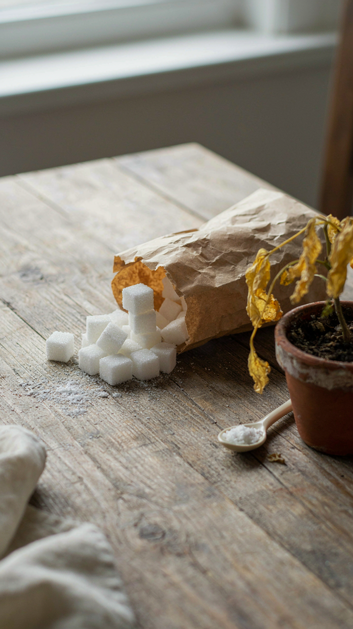 White sugar cubes spill from a bag onto a wooden table next to a wilting plant.