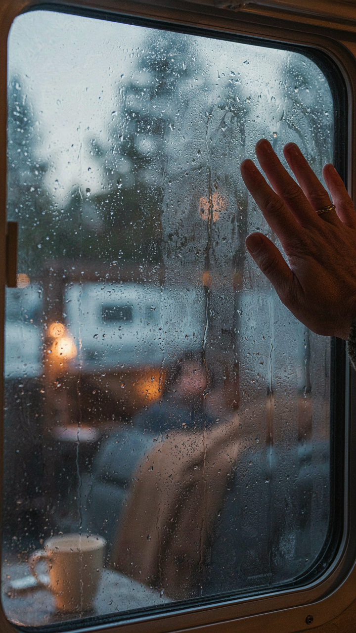 A close-up of a cold, foggy RV window showing condensation.
