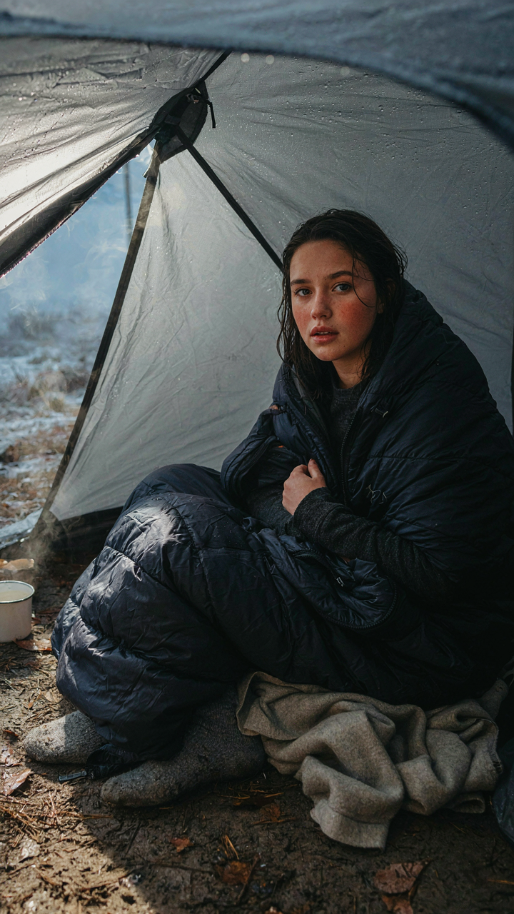 A person shivers uncomfortably in a sleeping bag inside a tent on cold ground.