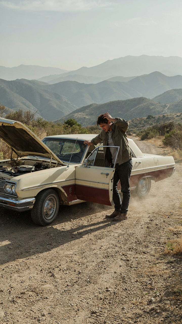 A person looks frustrated at an old car stuck in neutral on a dusty road.