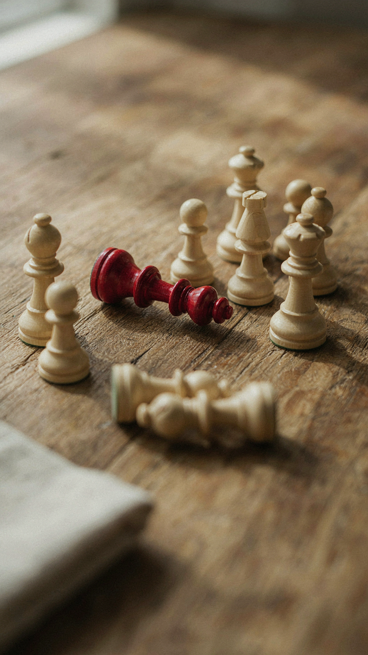 A fallen red king chess piece lies among many standing white pawn pieces on a wooden table.