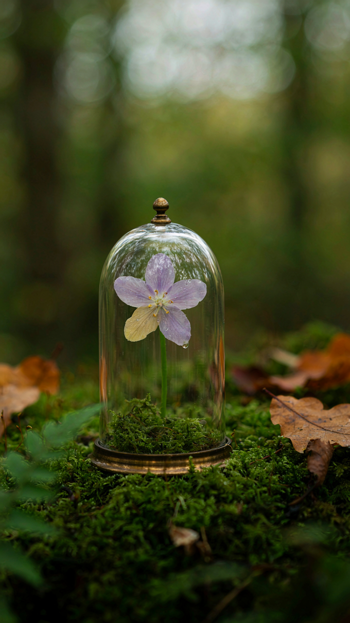 A delicate wildflower sits under a glass cloche on a mossy forest floor.