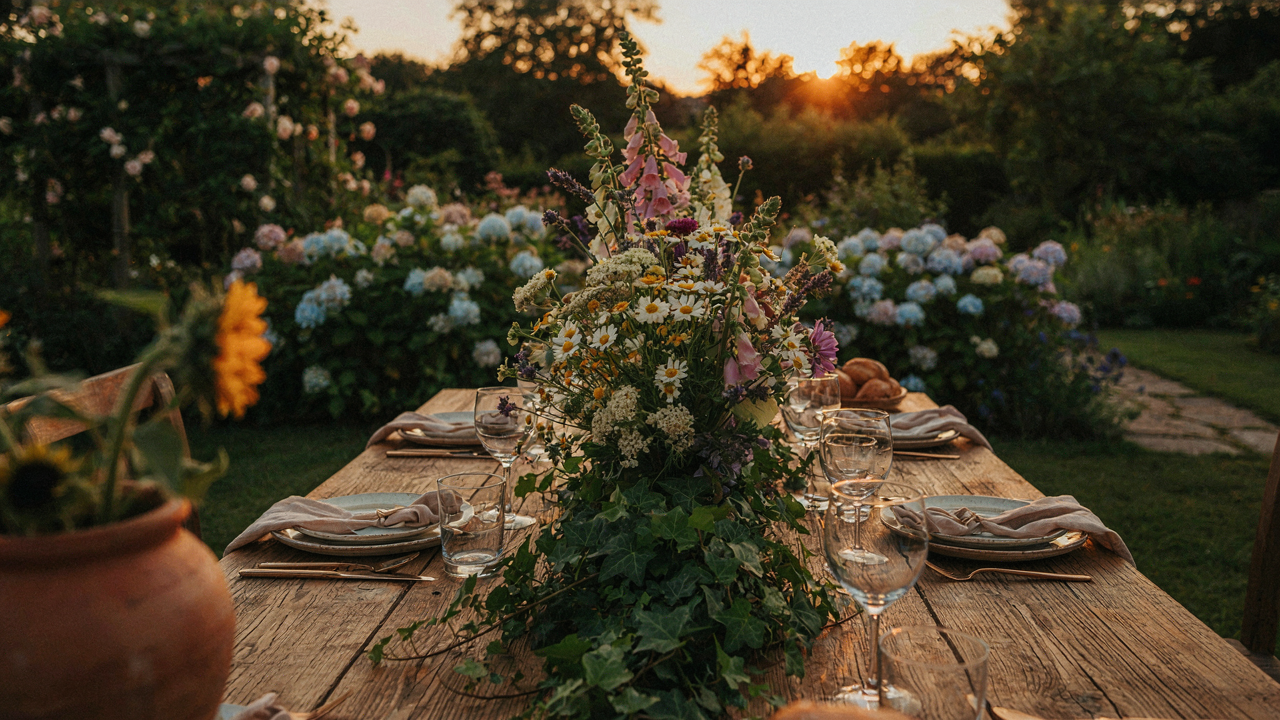 A beautiful wildflower table centerpiece decorates a wooden table in a garden.