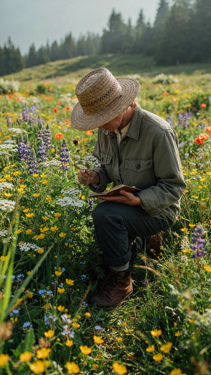 A botanist studies a wildflower field, taking careful notes.
