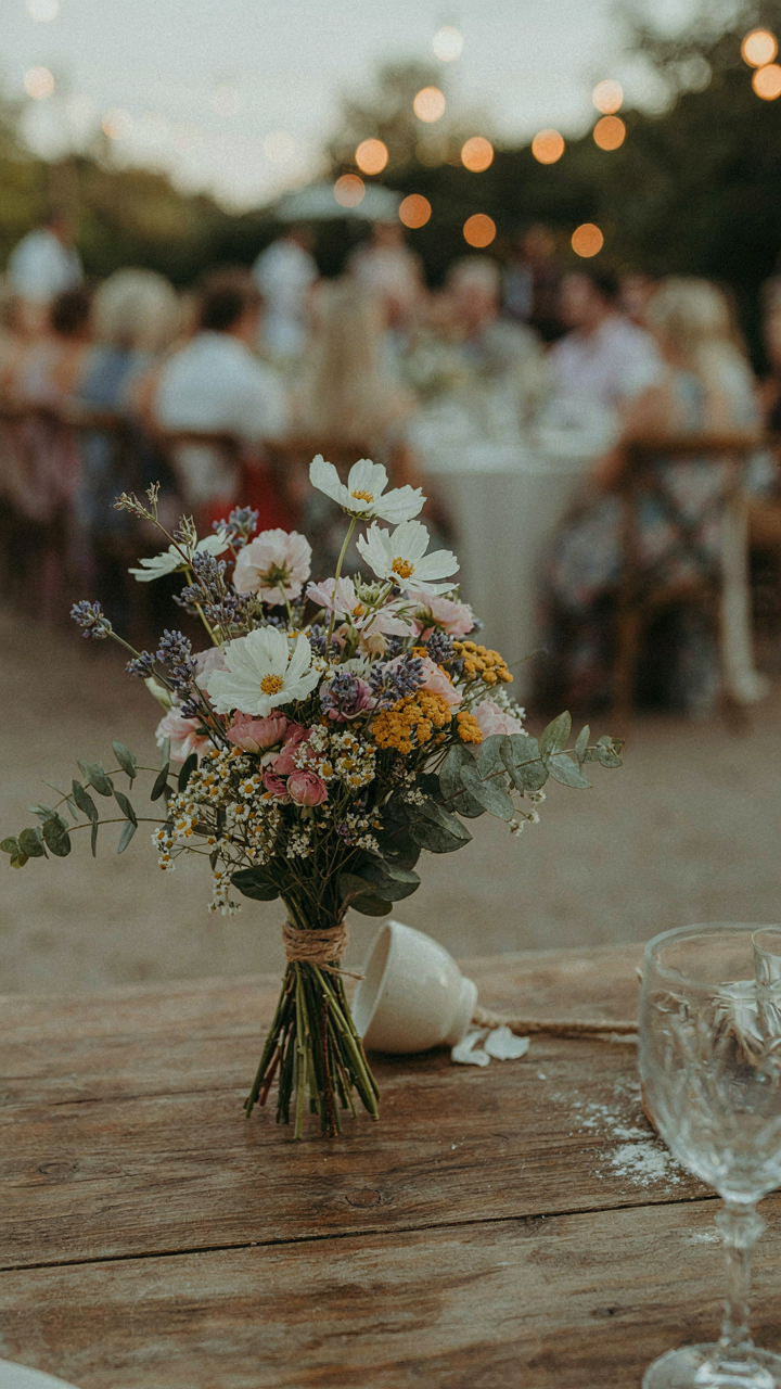 A simple wildflower bouquet decorates a table at an outdoor wedding.