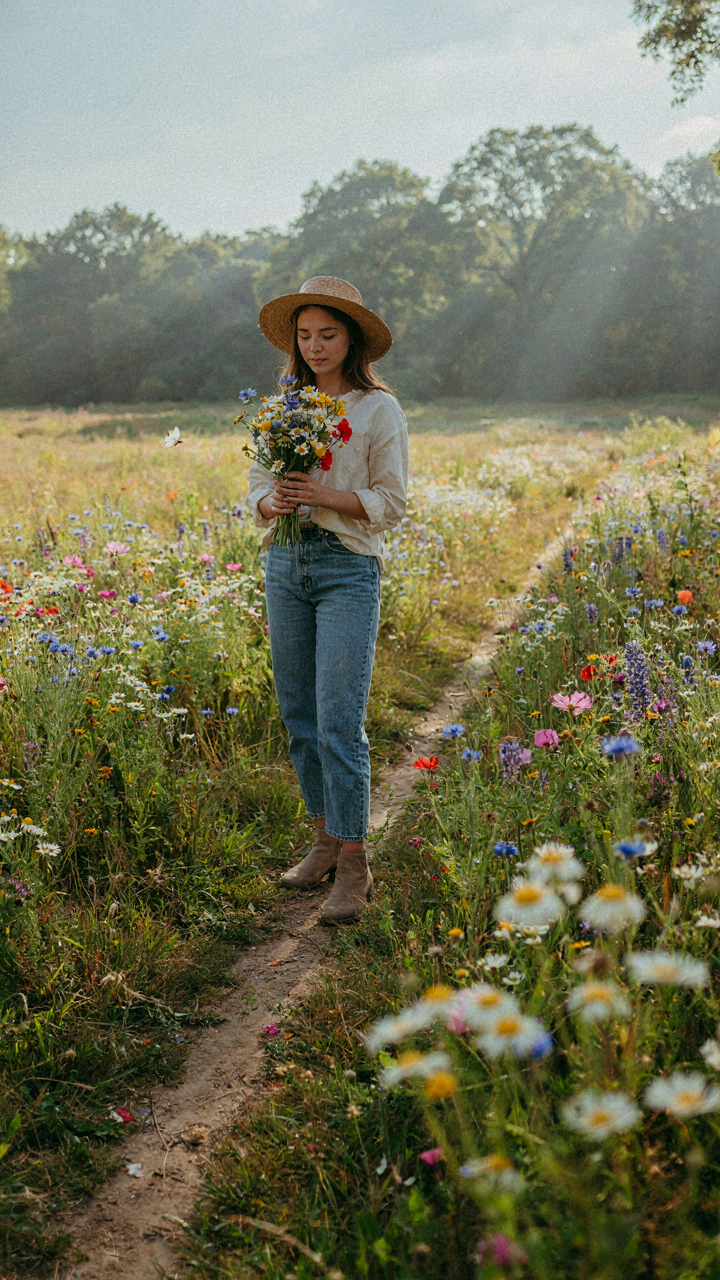 A woman holds a small wildflower bouquet in a field.