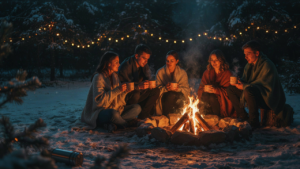 Friends sit around a blazing fire pit at night, drinking warm beverages in the snow.