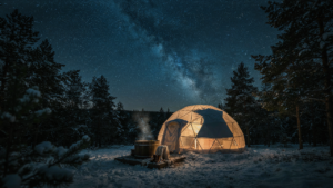 A warm geodesic dome tent sits in a snowy forest under a clear night sky.