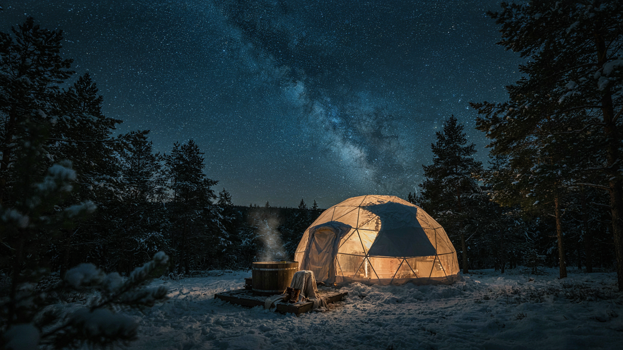 A warm geodesic dome tent sits in a snowy forest under a clear night sky.