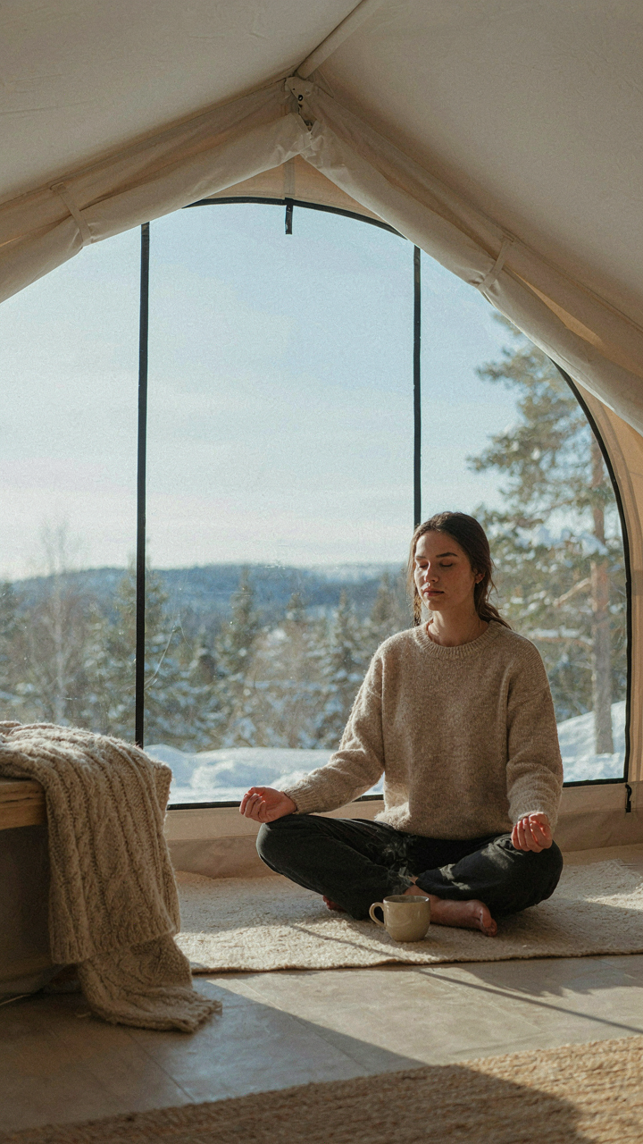 A person meditates in a glamping tent, looking at a snowy view.