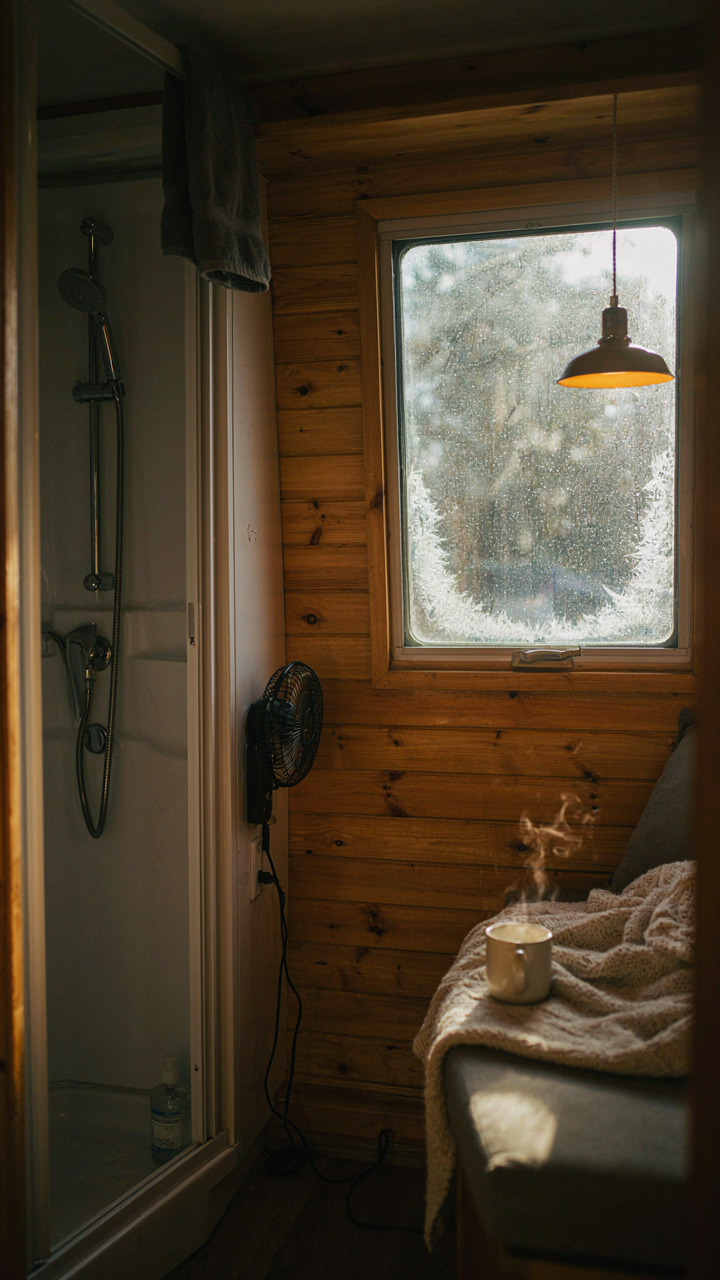 Condensation forms on a cold window inside a heated camper van near a shower.