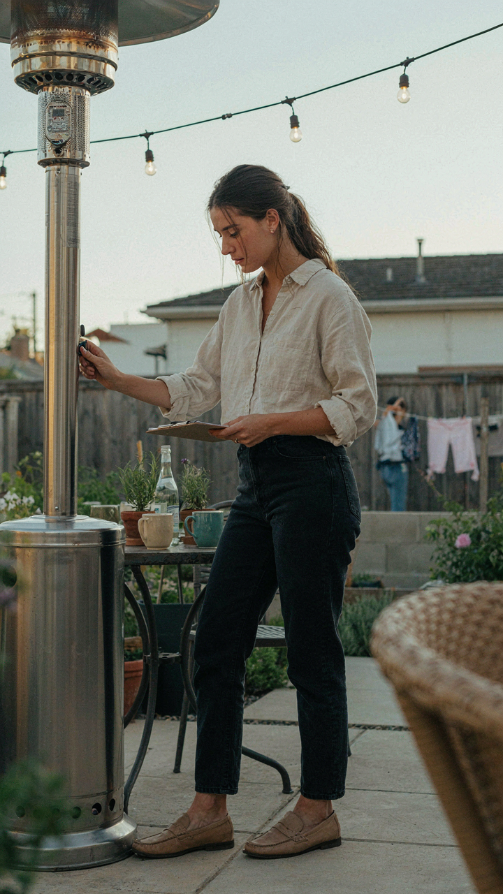 A person carefully checks a patio heater before a party.