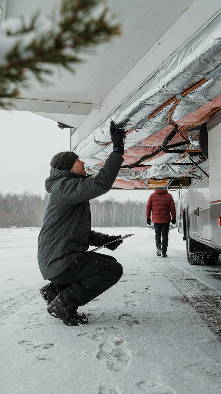 A person inspects the insulated underside of an RV in the snow.